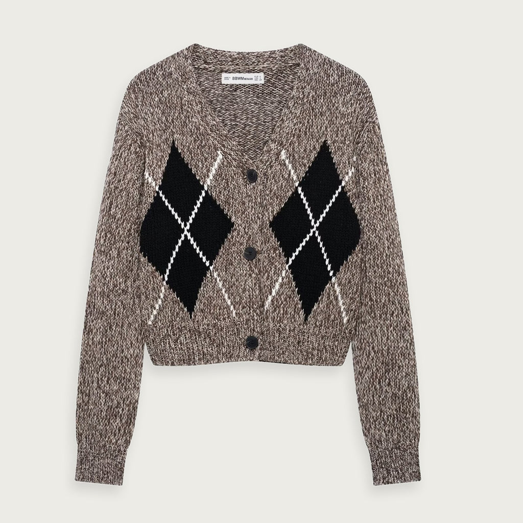 Stickad Cardigan Diamantmönstrad Stilren Elegant Passar