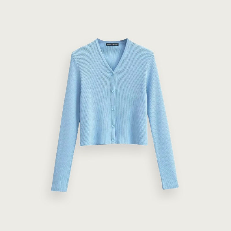 Vringad Stickad Tröja Langärmad Slim Fit Blå Dam Stilren