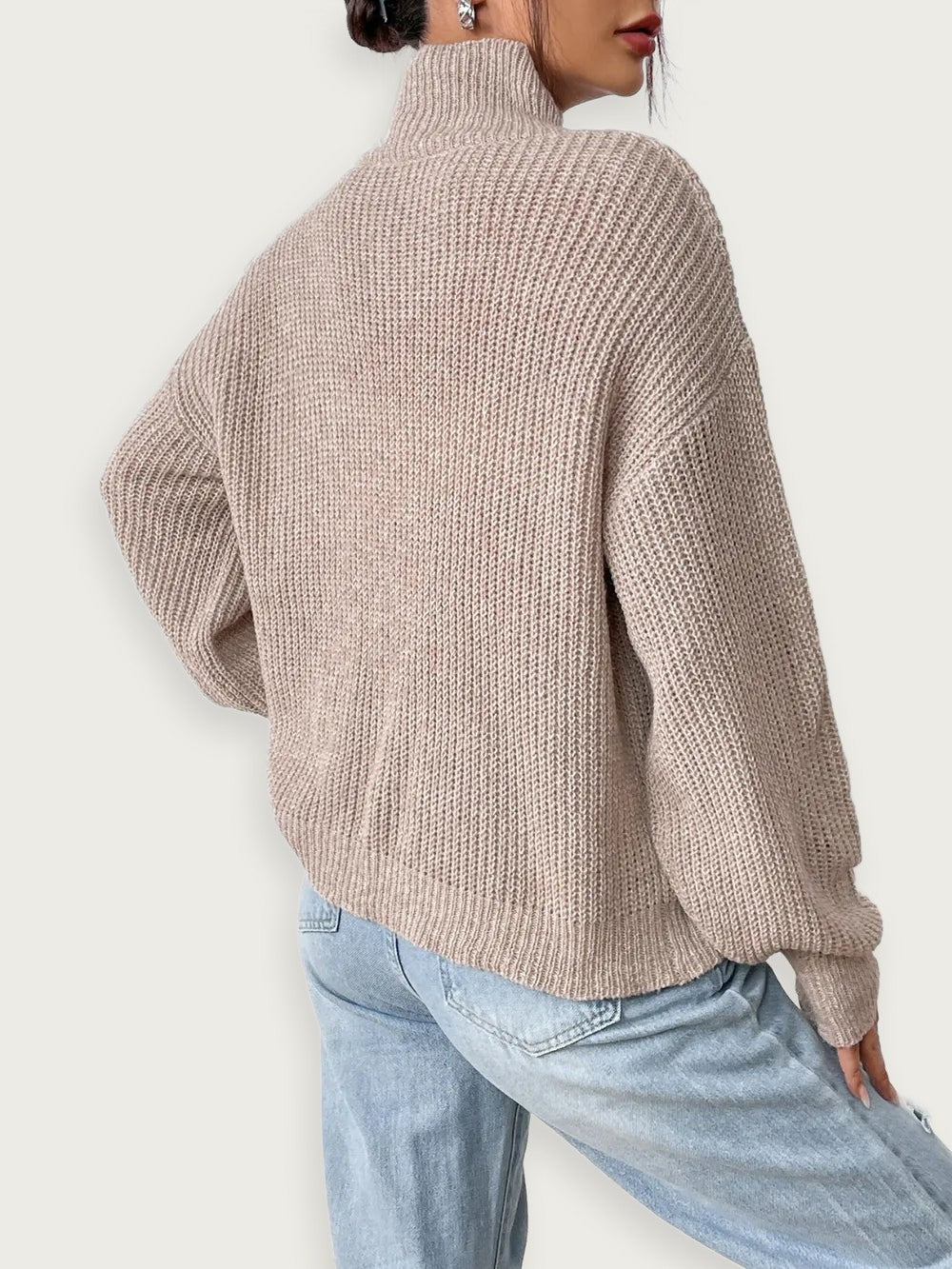 women’s semi high neck pullover sweater with floral details, soft mixed color knit, stylish warm outfit for autumn and winter