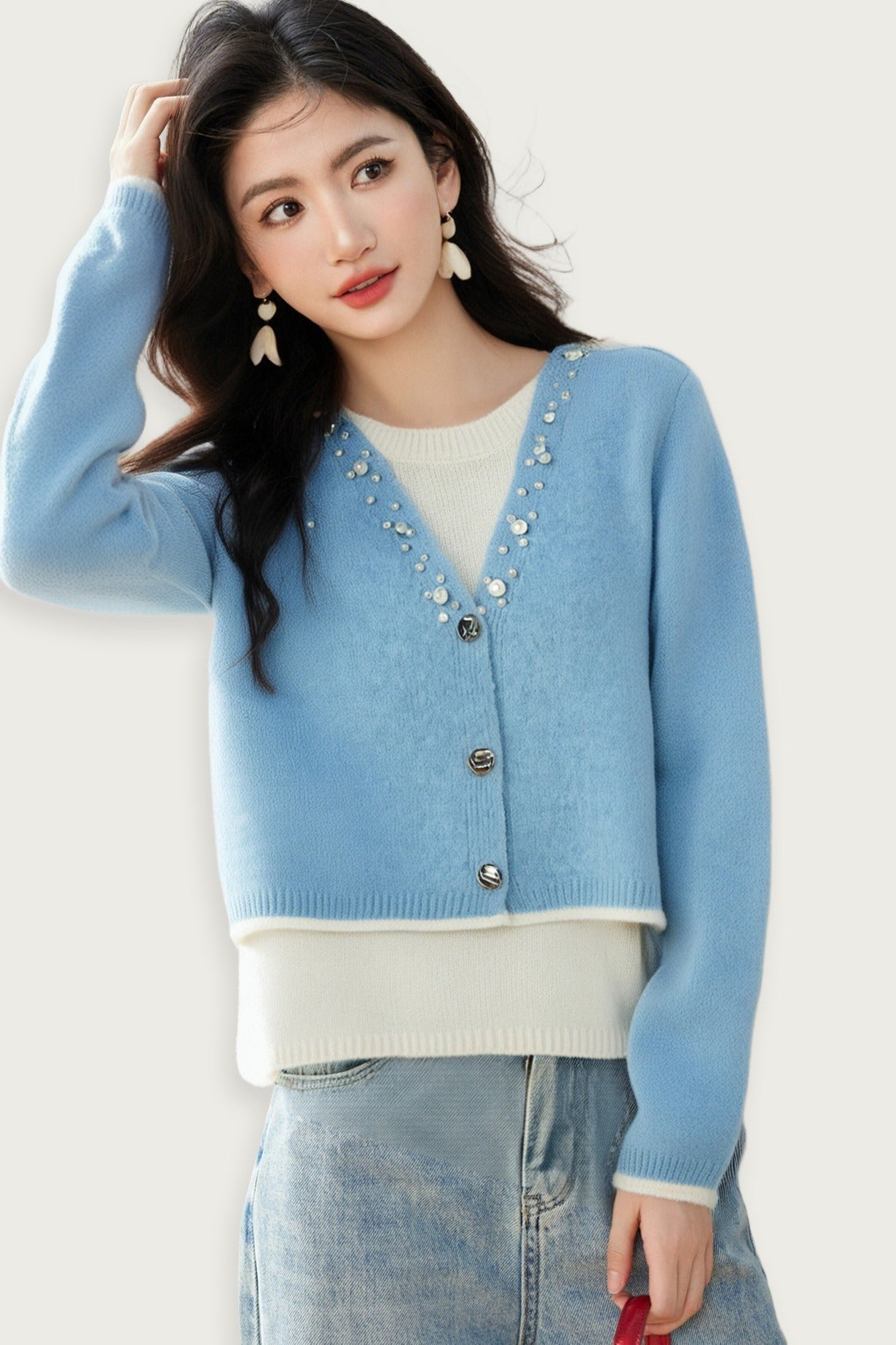 Blå Elegant Cardigan Stickat Lätt Bambu