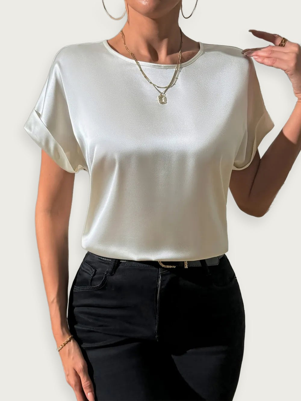 Rundhalsad Blus i Polyester Opak Bas - Elegant Tidlös