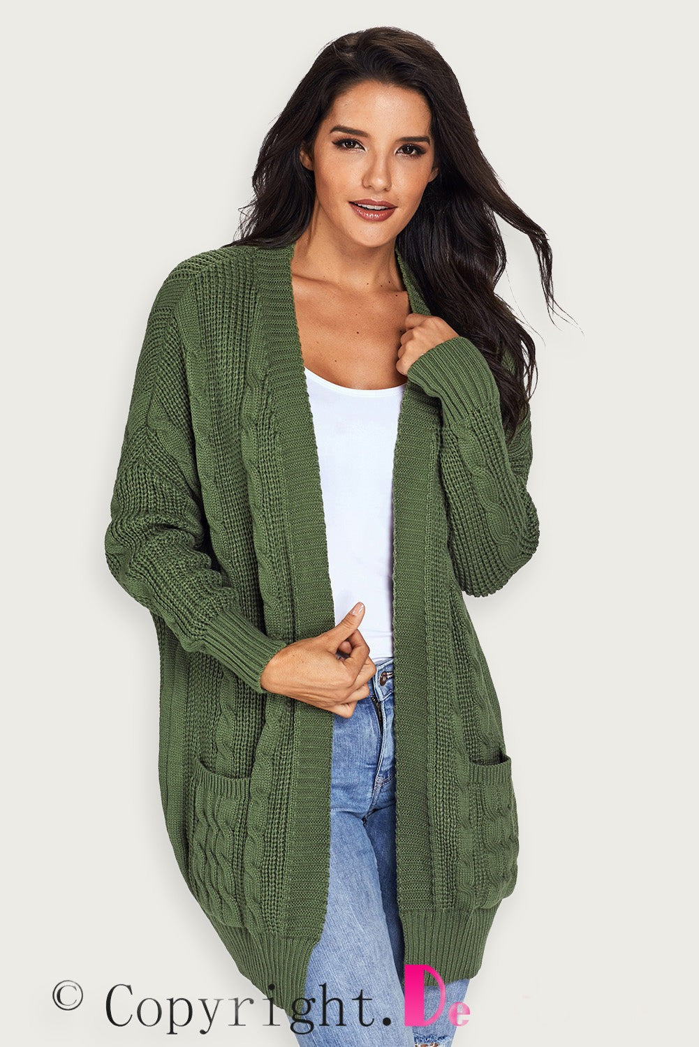 Stickad Lång Cardigan Grå Akryltyg Lätt Och Fickor