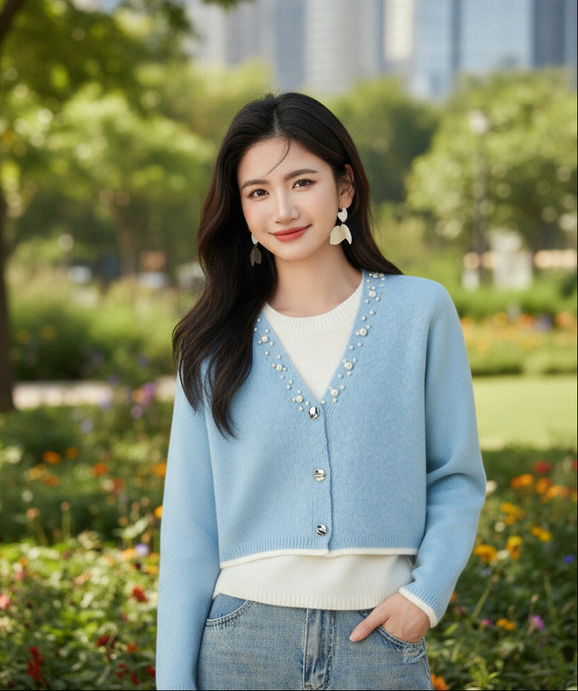 Blå Elegant Cardigan Stickat Lätt Bambu