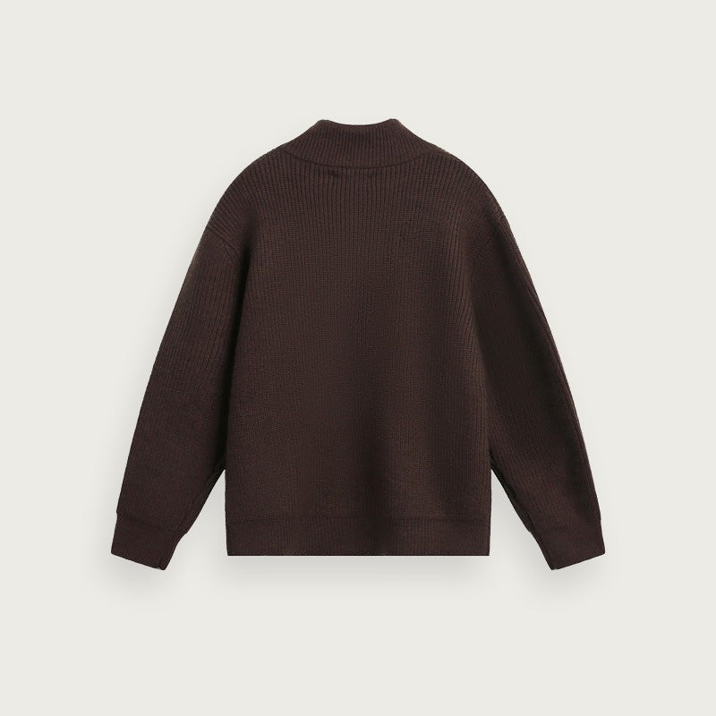 Enfärgad stickad tröja med halv dragkedja – Avslappnad passform