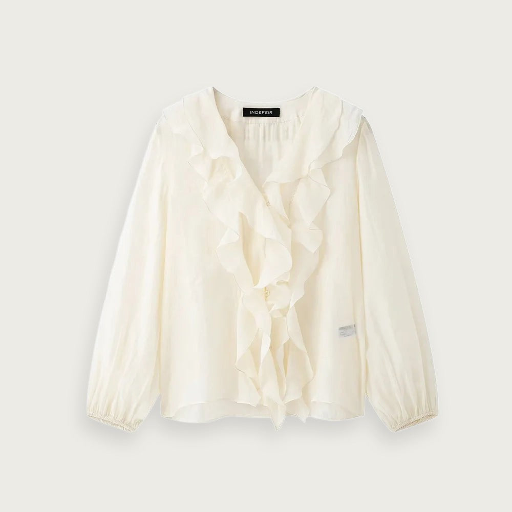 Blus med volanger och V-ringning – elegant design med puffärmar