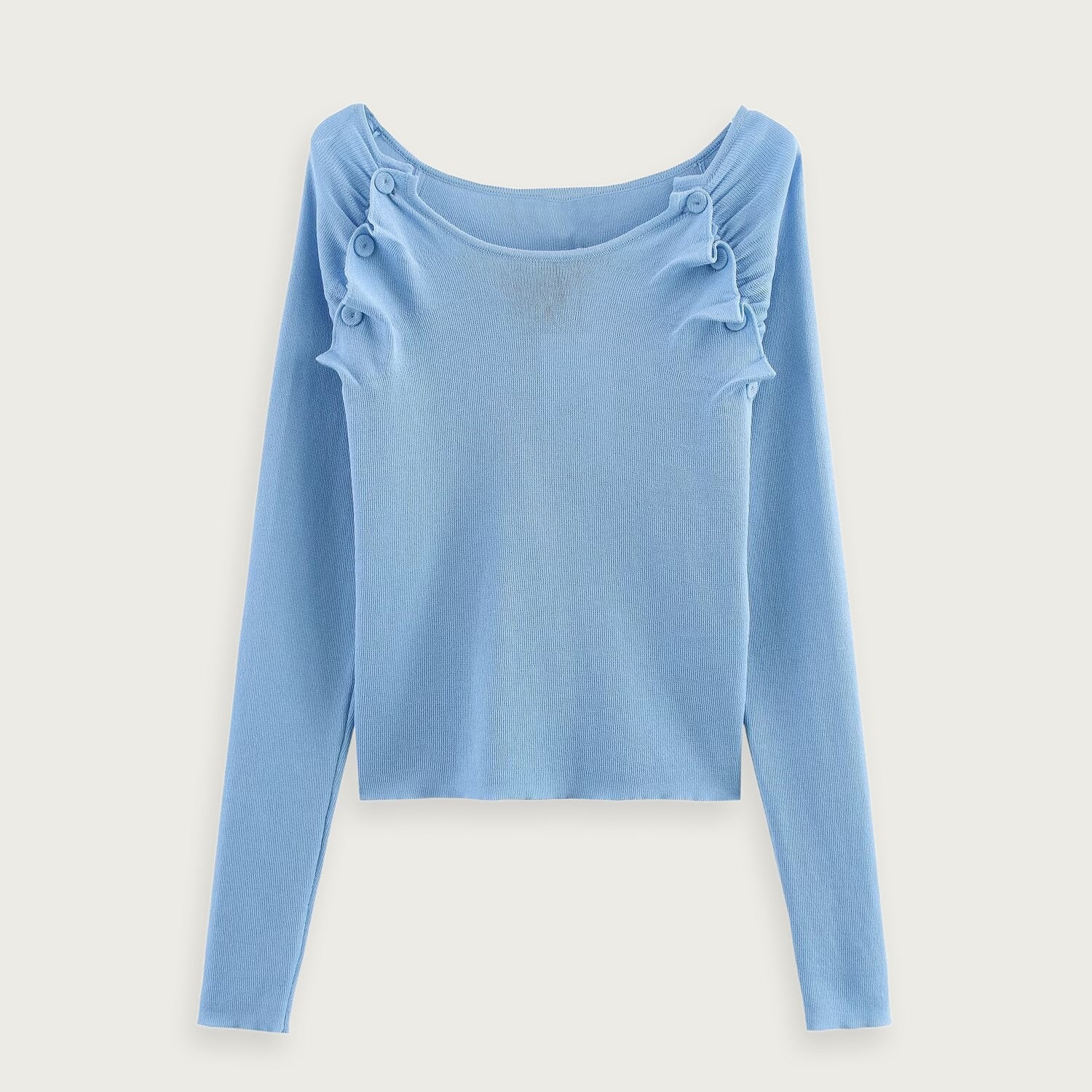 Rundhalsad Stickad Bluse Blå Stilren Passform Elegant