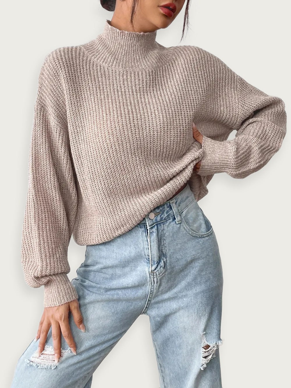 women’s semi high neck pullover sweater with floral details, soft mixed color knit, stylish warm outfit for autumn and winter