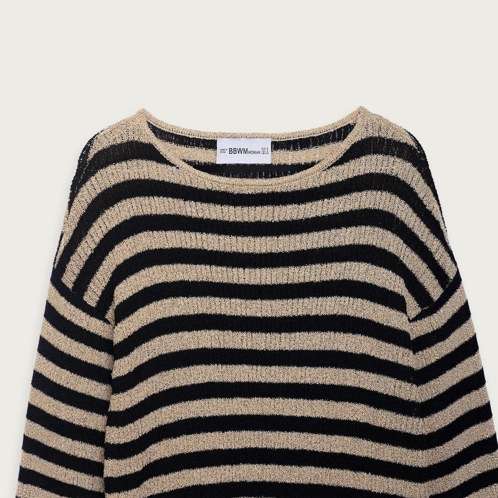 Randig Rundhalsad Stickad Tröja Khaki Polyester Kvinnor