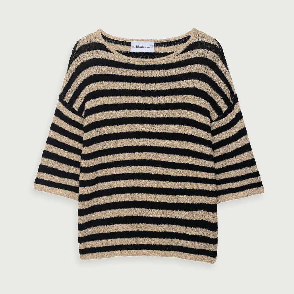 Randig Rundhalsad Stickad Tröja Khaki Polyester Kvinnor