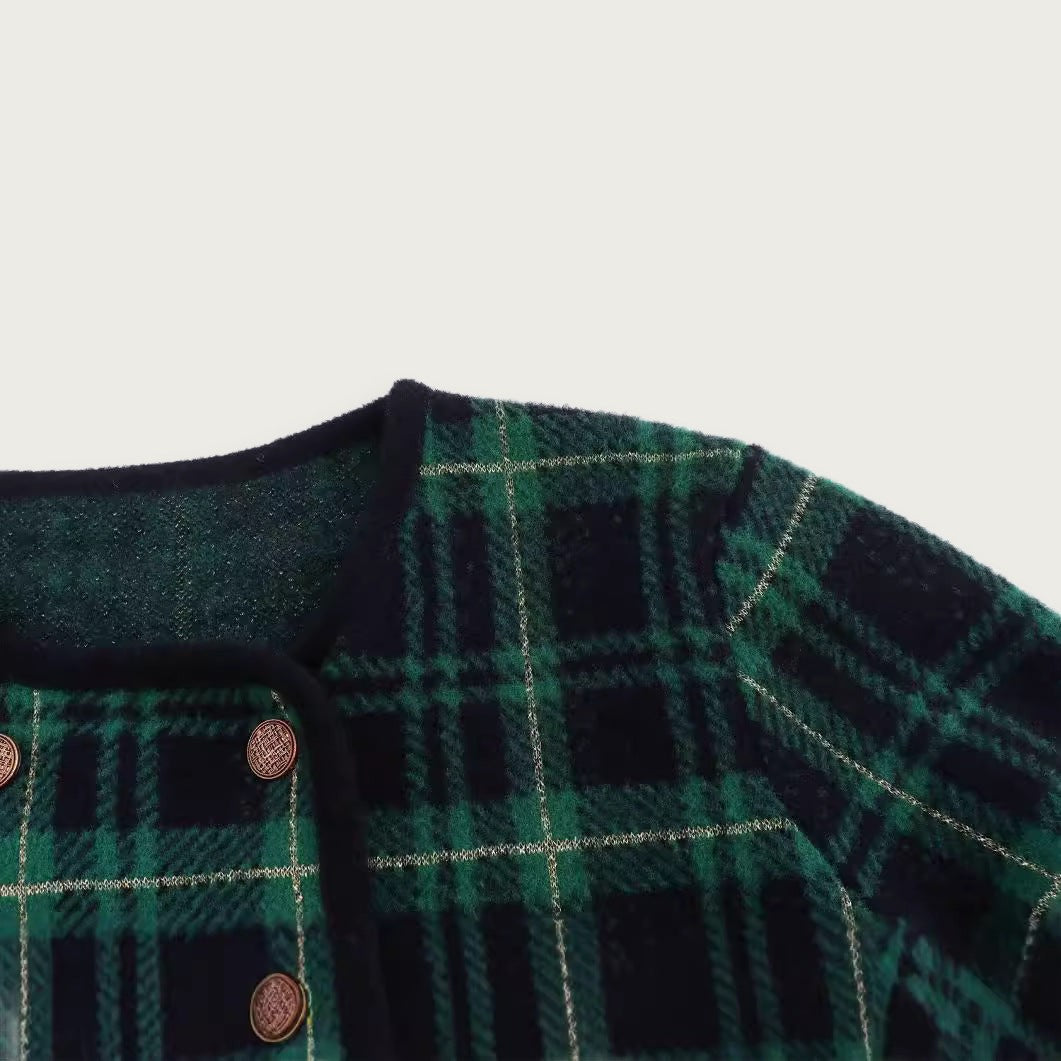 Grön Rutmönstrad Cardigan Med Dubbelknäppning Polyester