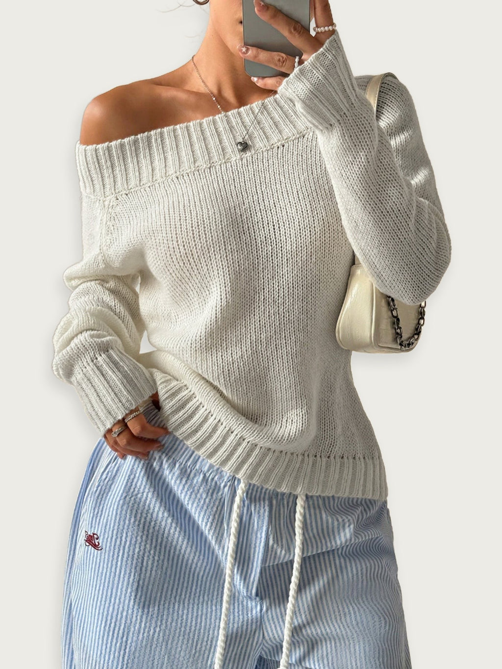 Enaxlad Stickad Topp Grå Polyester Axeldesign Elegant