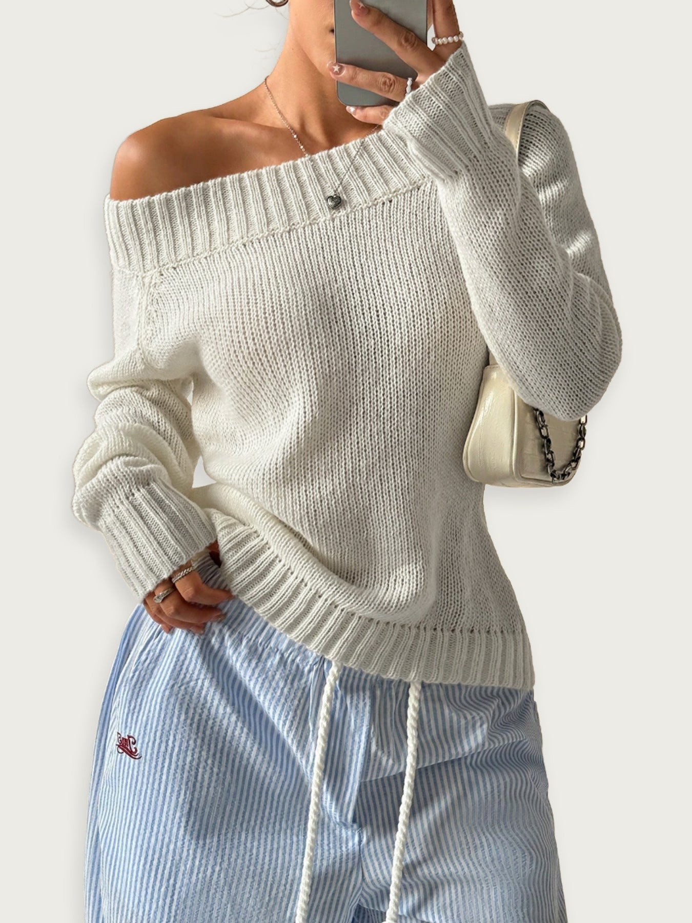 Enaxlad Stickad Topp Grå Polyester Axeldesign Elegant