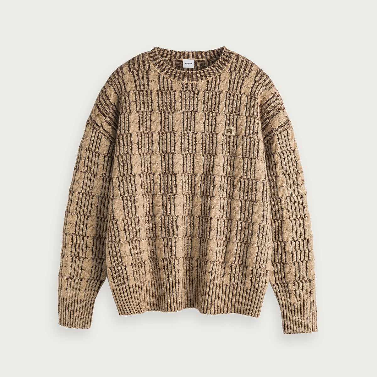Stickad Tröja Jacquard Färgblock Grå Vitt Brun