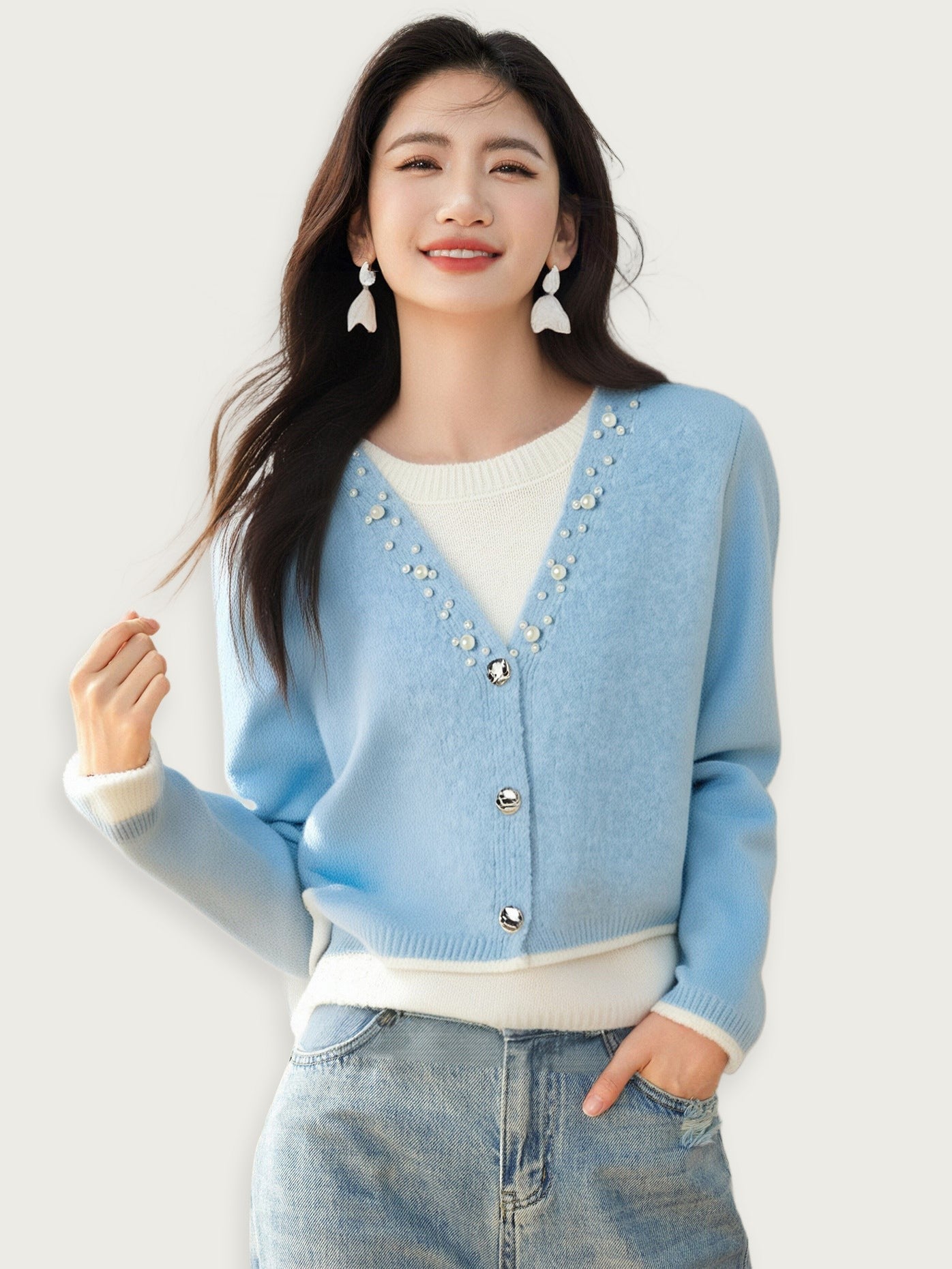 Blå Elegant Cardigan Stickat Lätt Bambu