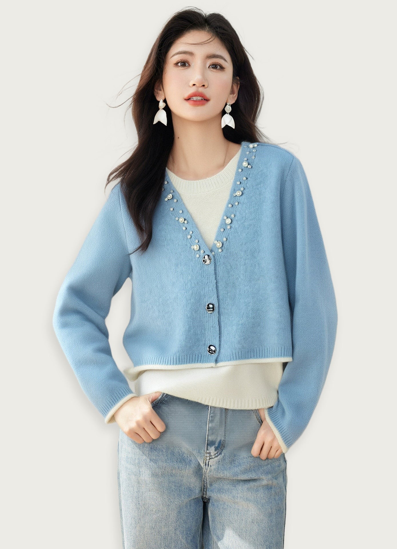 Blå Elegant Cardigan Stickat Lätt Bambu