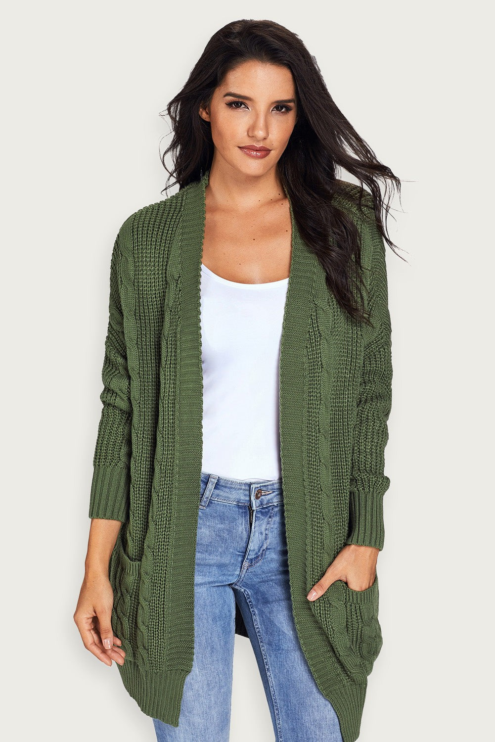 Stickad Lång Cardigan Grå Akryltyg Lätt Och Fickor