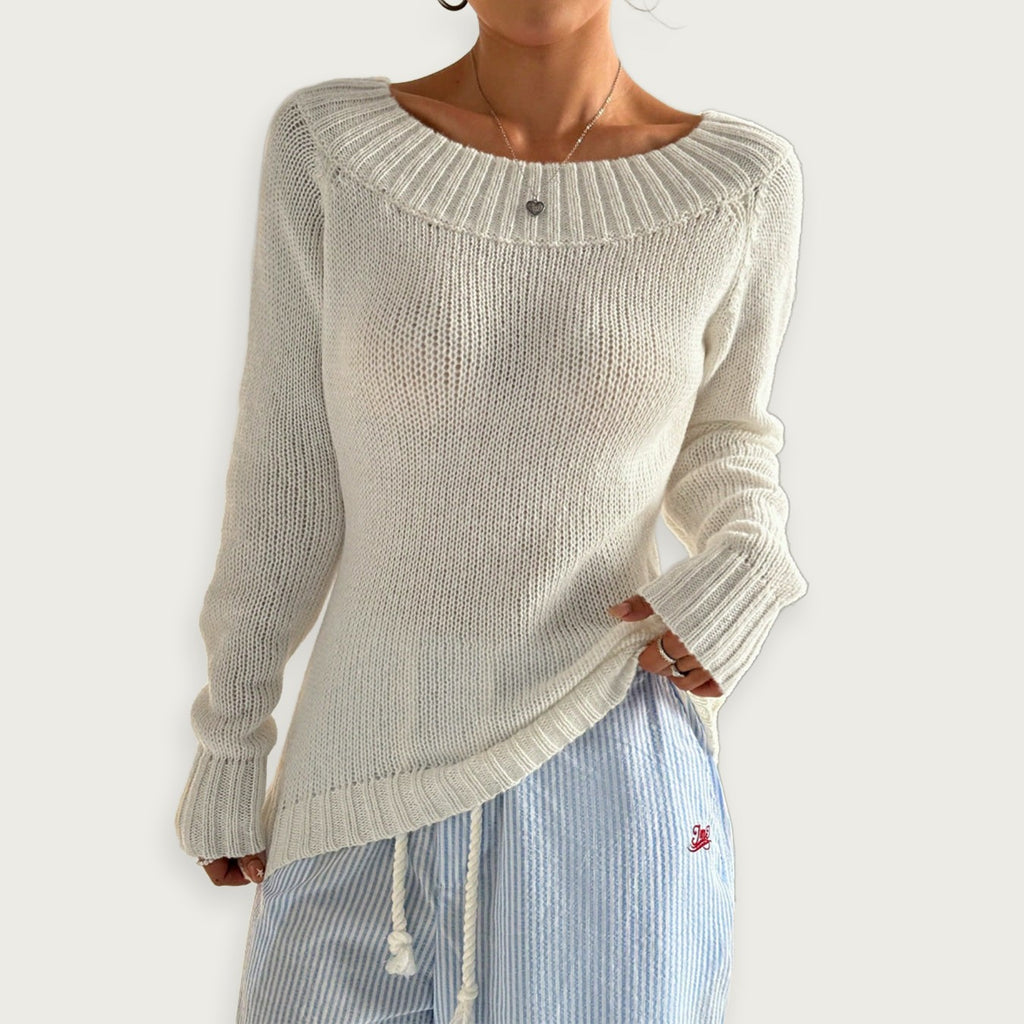 Enaxlad Stickad Topp Grå Polyester Axeldesign Elegant