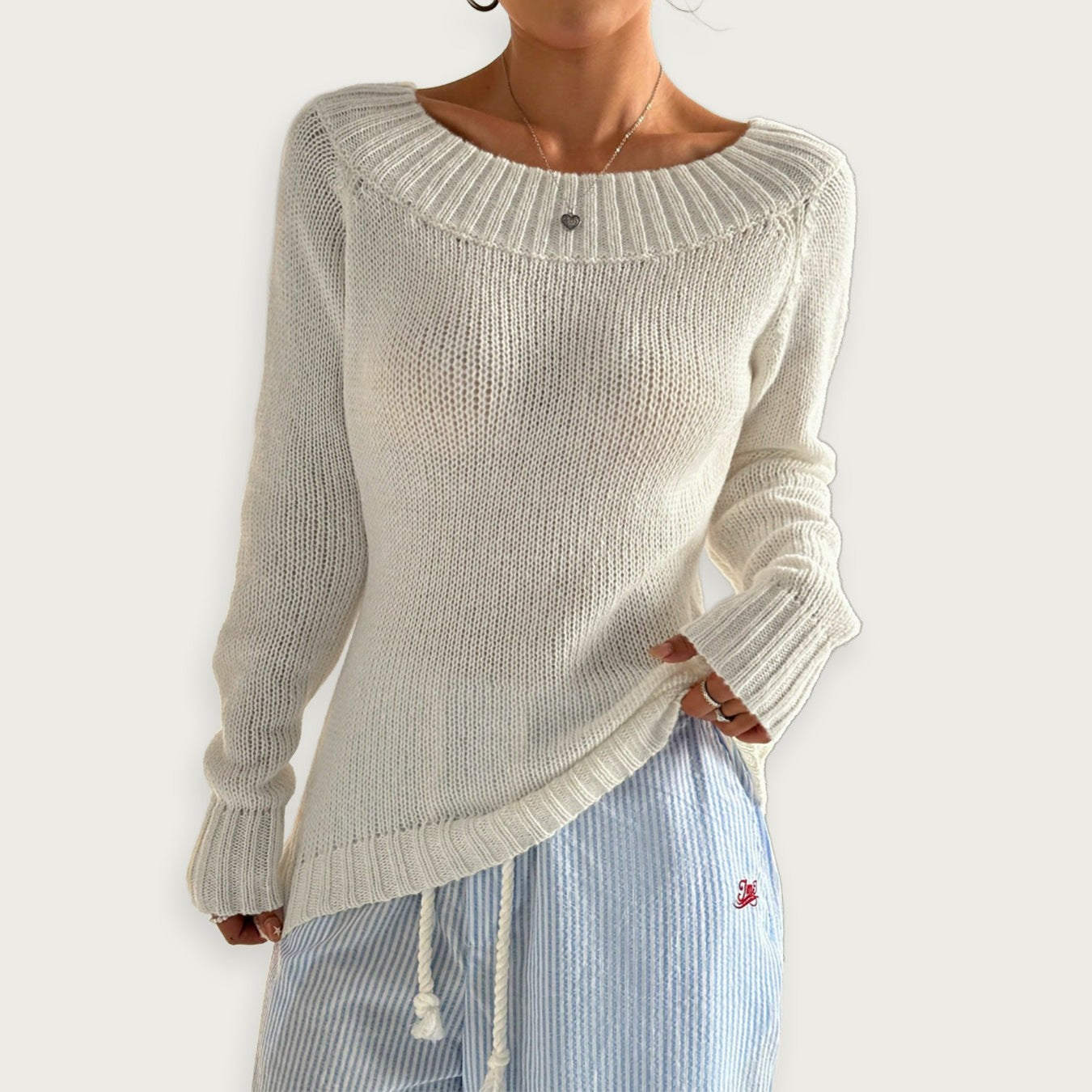Enaxlad Stickad Topp Grå Polyester Axeldesign Elegant