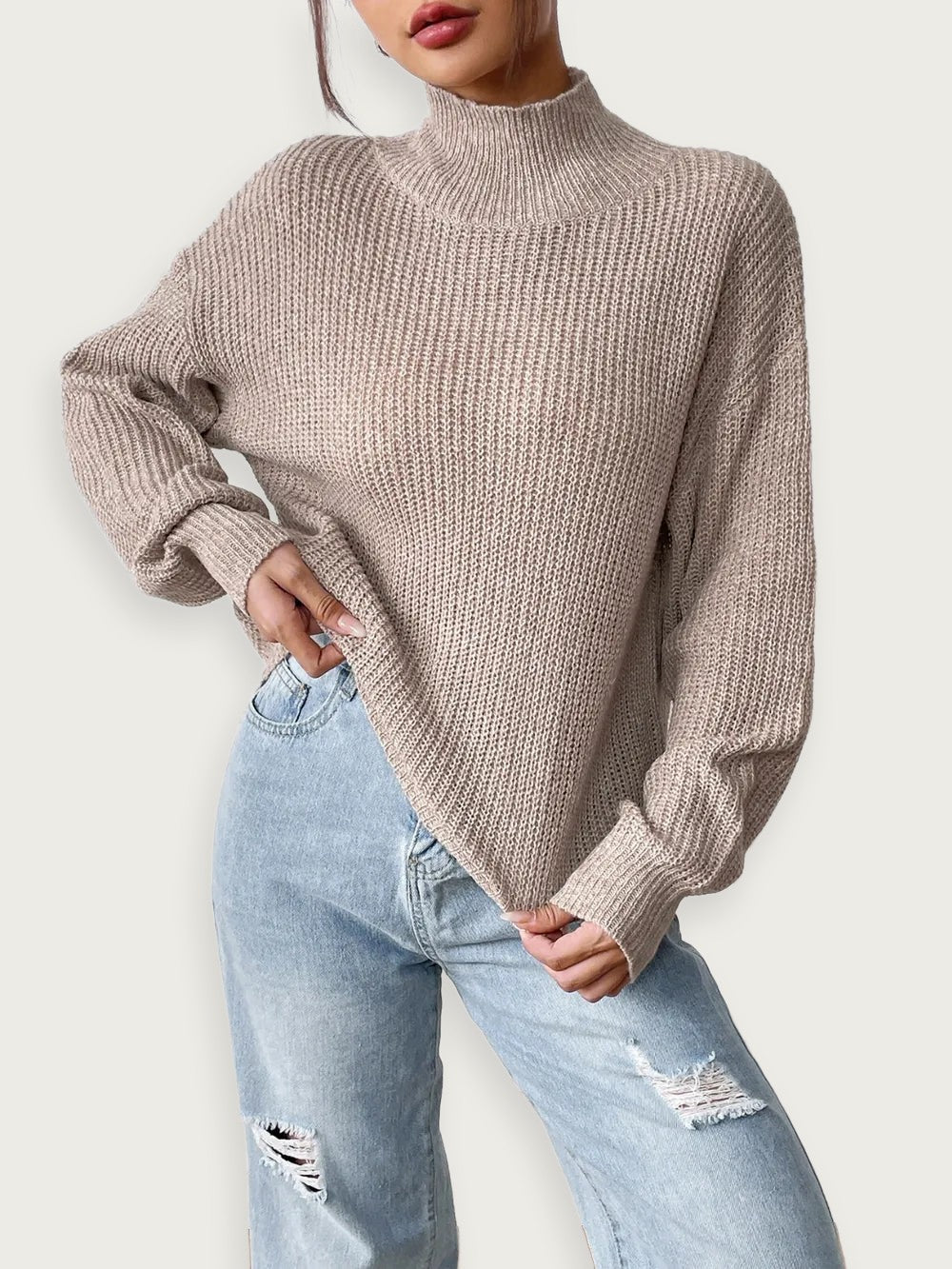 women’s semi high neck pullover sweater with floral details, soft mixed color knit, stylish warm outfit for autumn and winter
