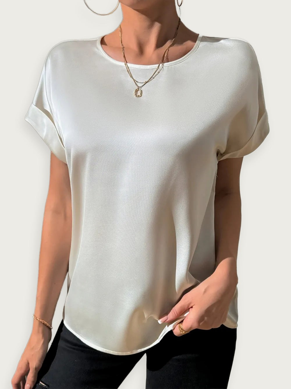 Rundhalsad Blus i Polyester Opak Bas - Elegant Tidlös