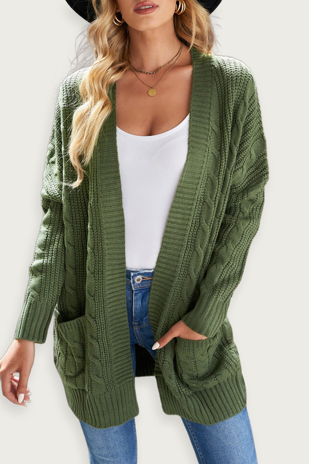 Stickad Lång Cardigan Grå Akryltyg Lätt Och Fickor