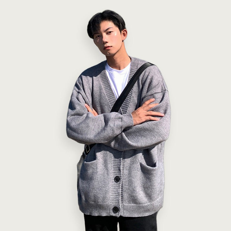 Stickad Cardigan Med V Hals Av Polyester Grå Passform