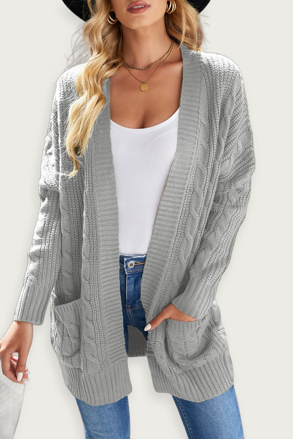 Stickad Lång Cardigan Grå Akryltyg Lätt Och Fickor