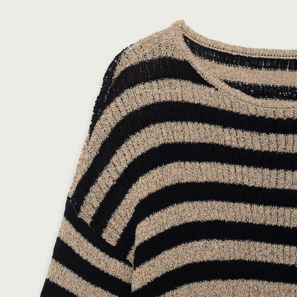 Randig Rundhalsad Stickad Tröja Khaki Polyester Kvinnor