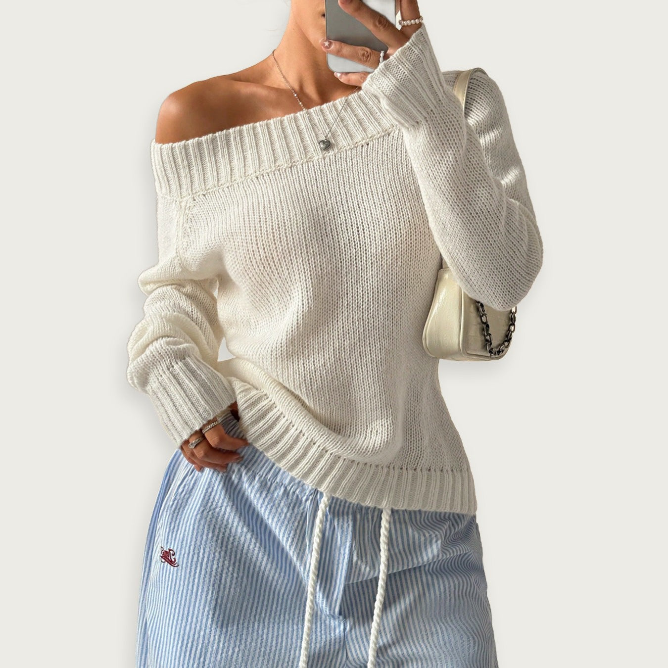 Enaxlad Stickad Topp Grå Polyester Axeldesign Elegant