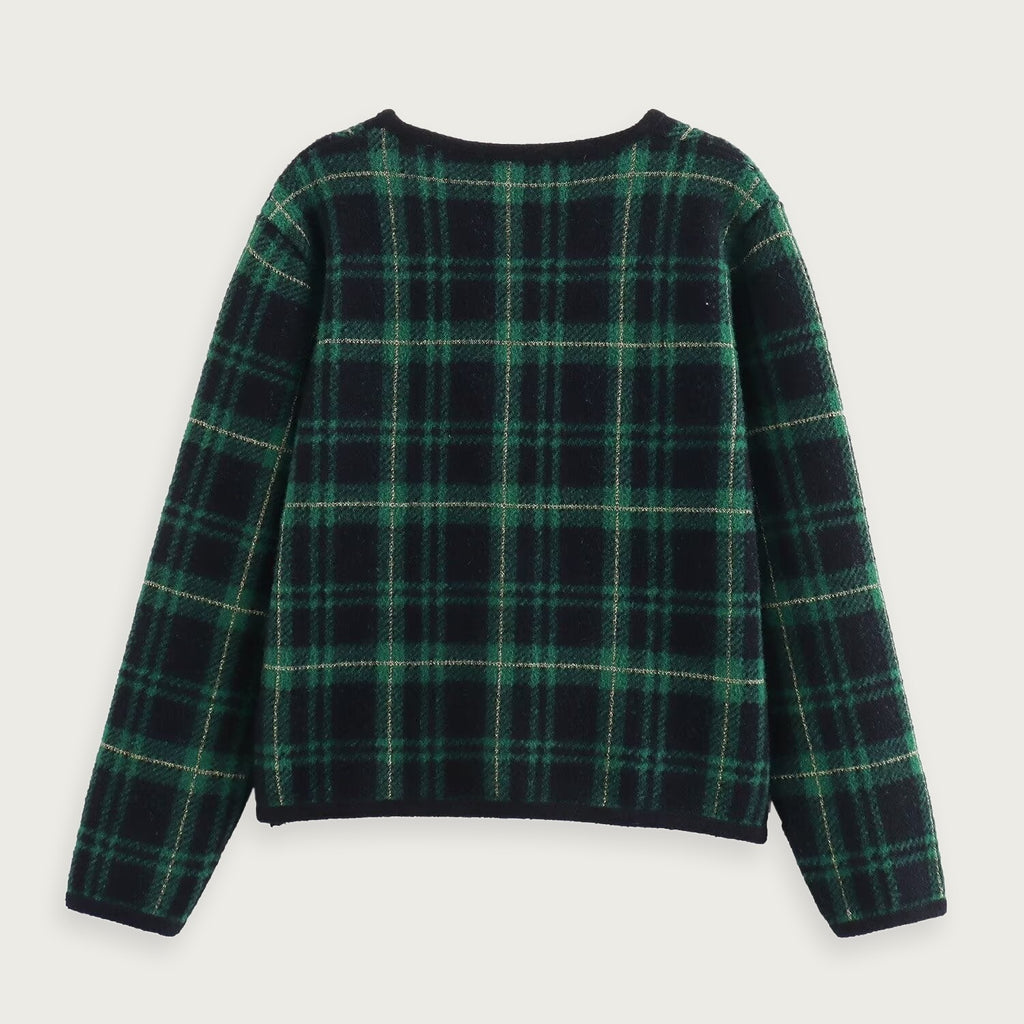 Grön Rutmönstrad Cardigan Med Dubbelknäppning Polyester