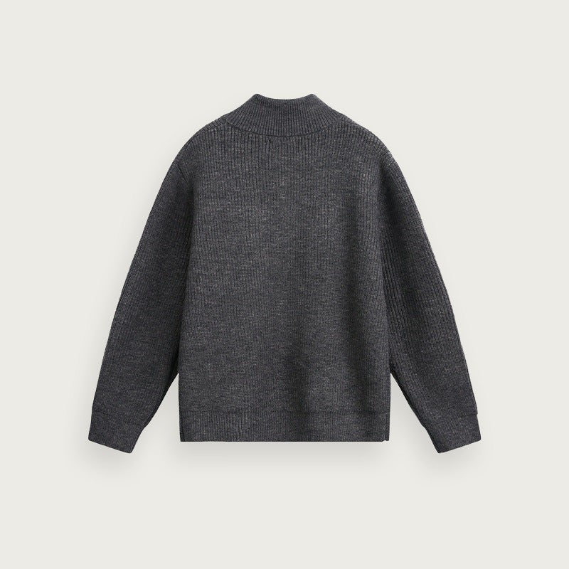 Enfärgad stickad tröja med halv dragkedja – Avslappnad passform