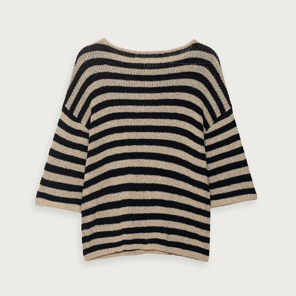 Randig Rundhalsad Stickad Tröja Khaki Polyester Kvinnor