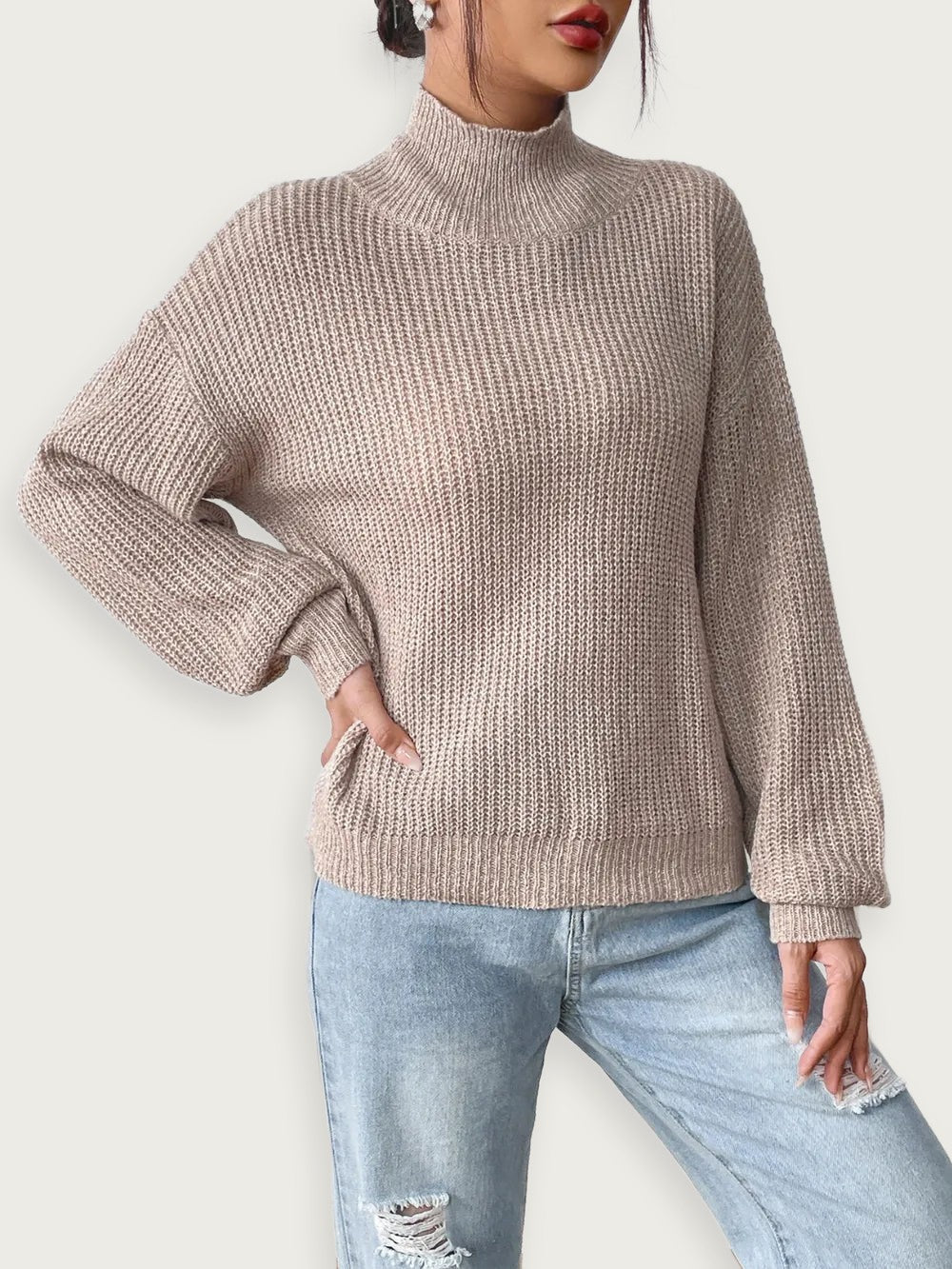 women’s semi high neck pullover sweater with floral details, soft mixed color knit, stylish warm outfit for autumn and winter