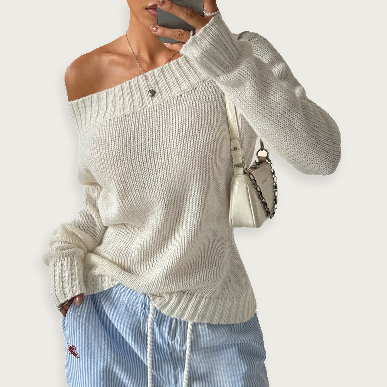 Enaxlad Stickad Topp Grå Polyester Axeldesign Elegant