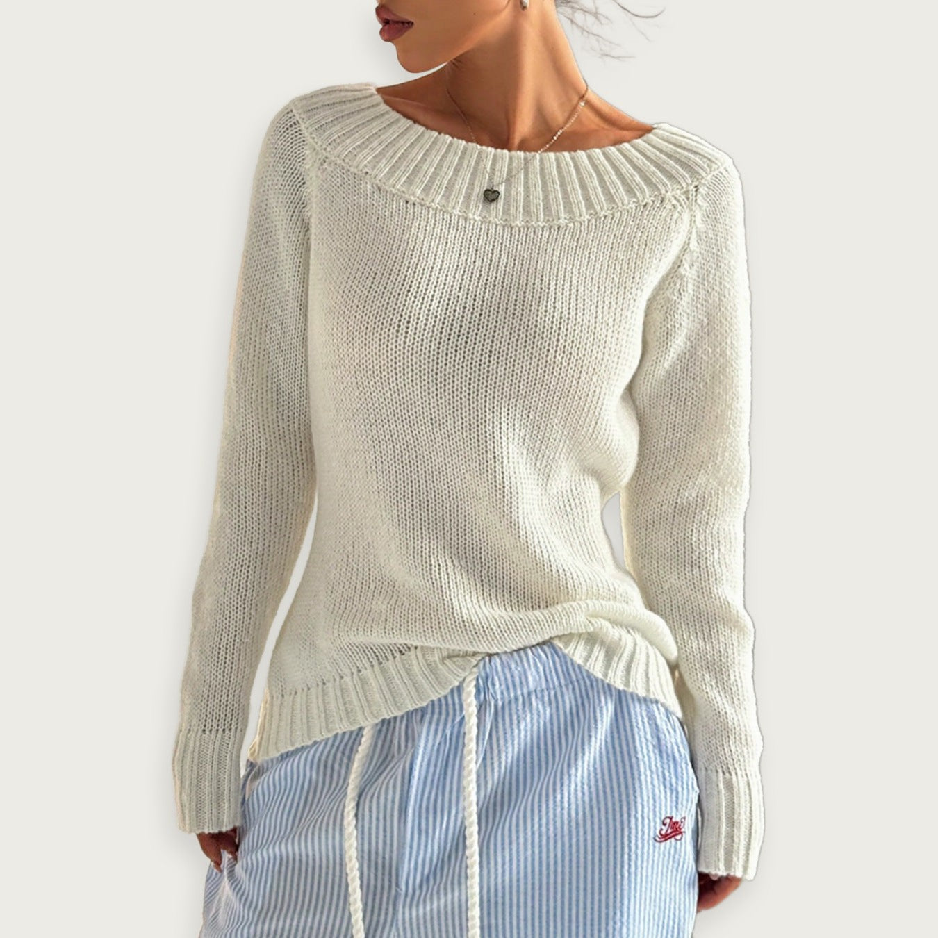 Enaxlad Stickad Topp Grå Polyester Axeldesign Elegant