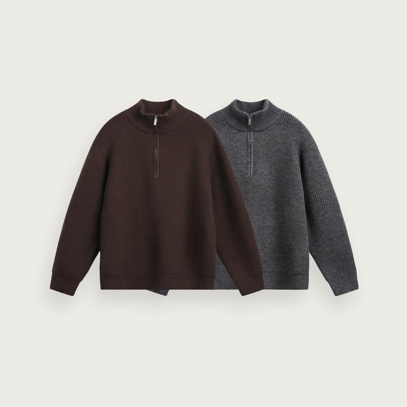 Enfärgad stickad tröja med halv dragkedja – Avslappnad passform