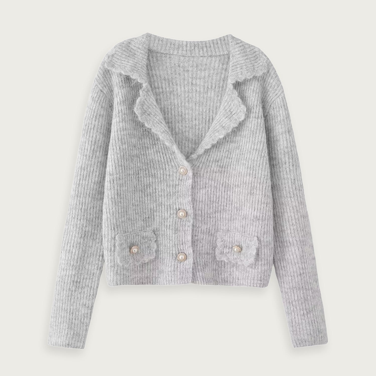 Stickad Cardigan med Pärlknappar i Polyesterblandning