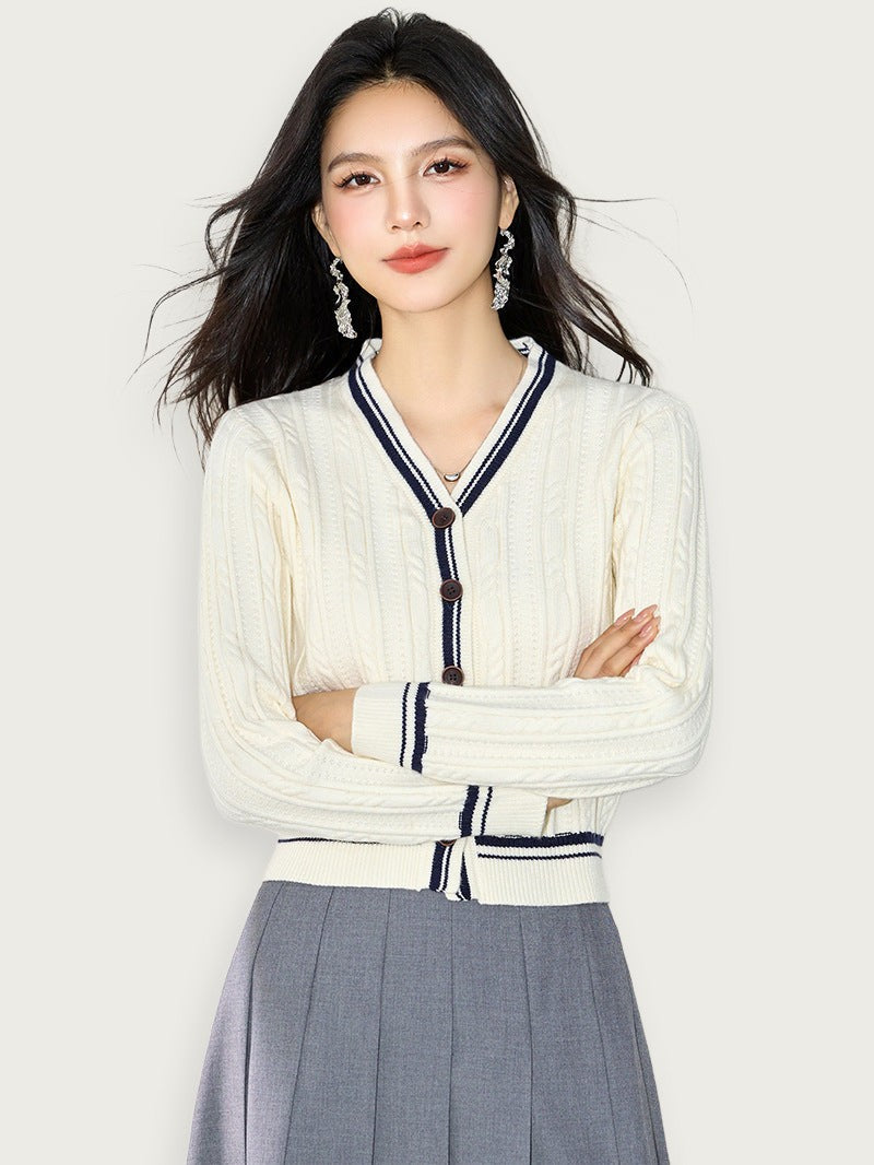 Vit Stickad Cardigan Med Polo Krage Elegant