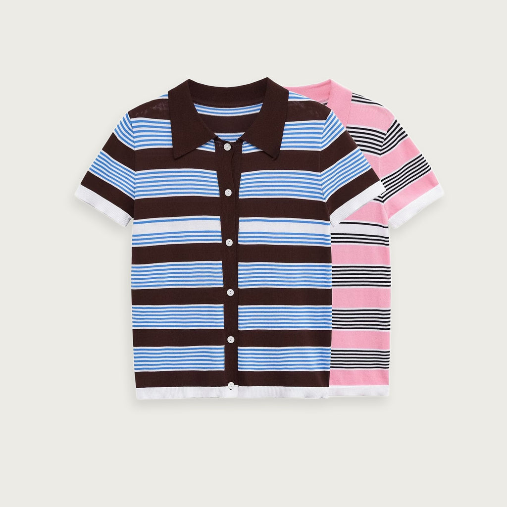 Kortärmad Stickad Polo Elegans i Blå Rosa Polyester