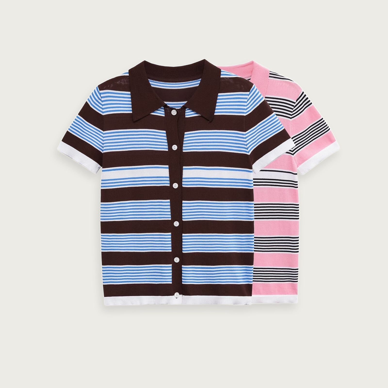 Kortärmad Stickad Polo Elegans i Blå Rosa Polyester