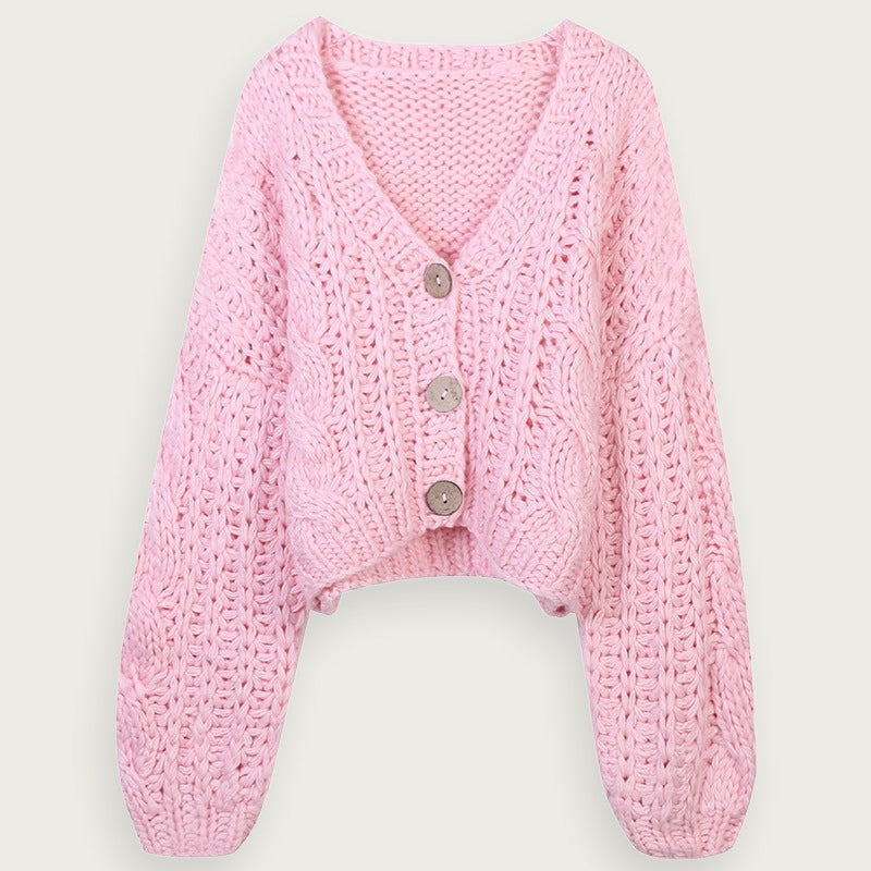 Rosa V-ringad Stickad Cardigan Med Acetatfiber Bomull