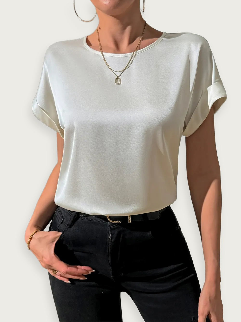 Rundhalsad Blus i Polyester Opak Bas - Elegant Tidlös