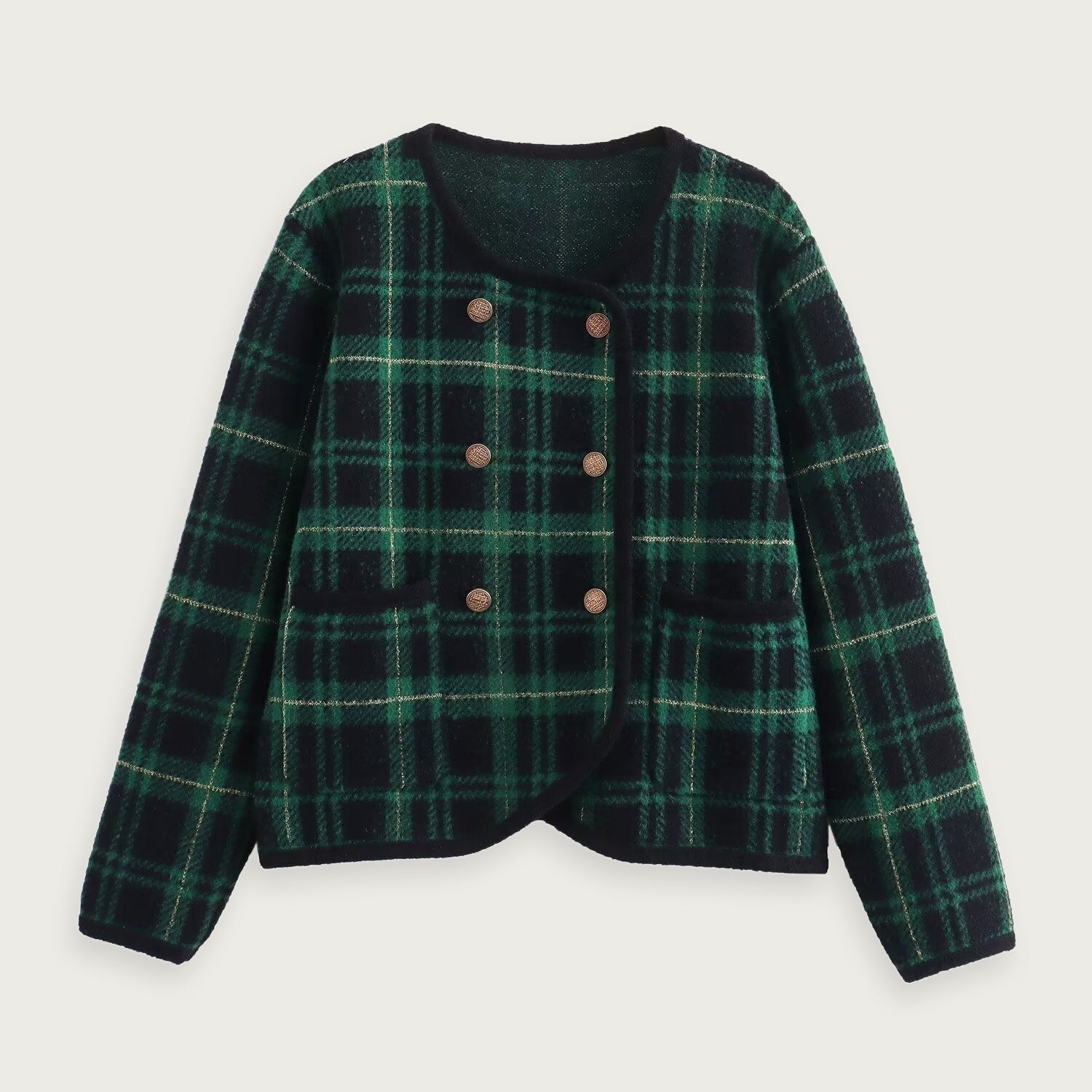 Grön Rutmönstrad Cardigan Med Dubbelknäppning Polyester