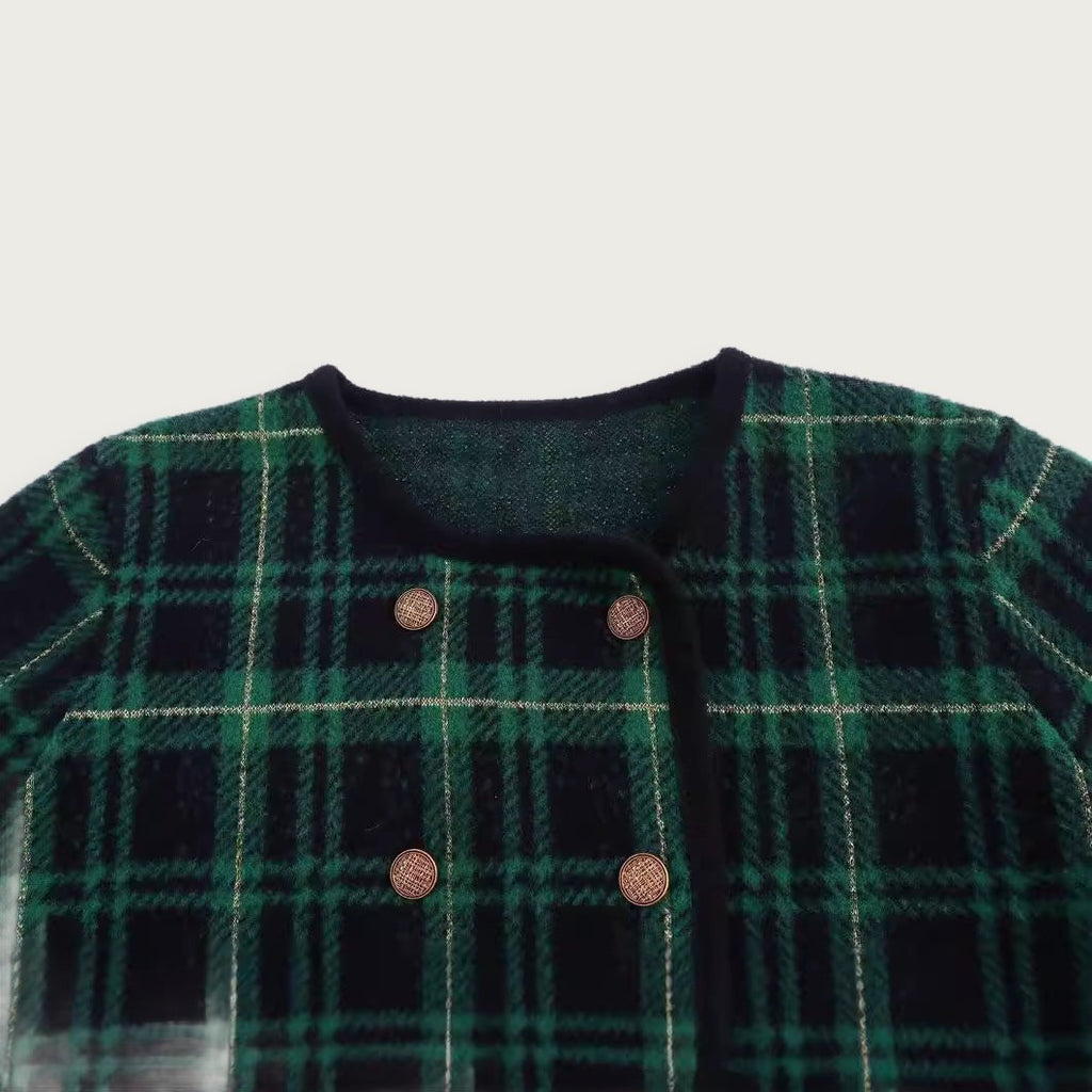 Grön Rutmönstrad Cardigan Med Dubbelknäppning Polyester