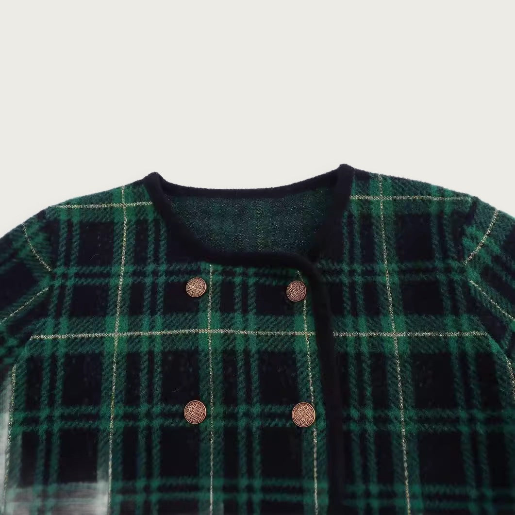 Grön Rutmönstrad Cardigan Med Dubbelknäppning Polyester