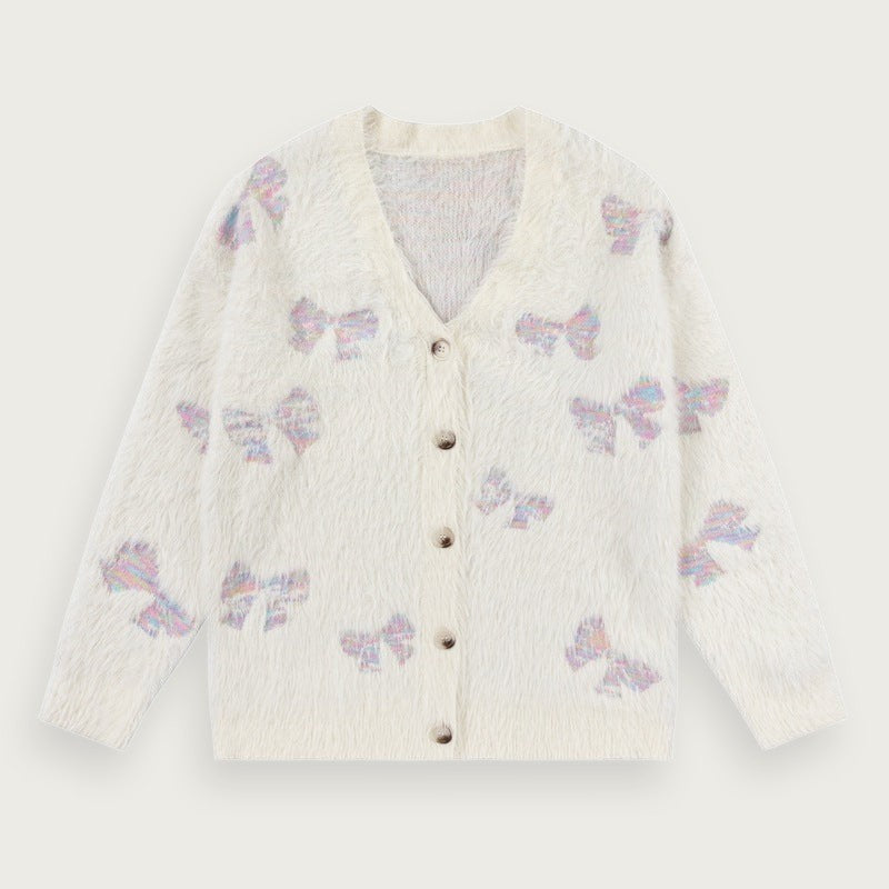 Stickad Cardigan Med Fjärilsmönster Vit Elegant