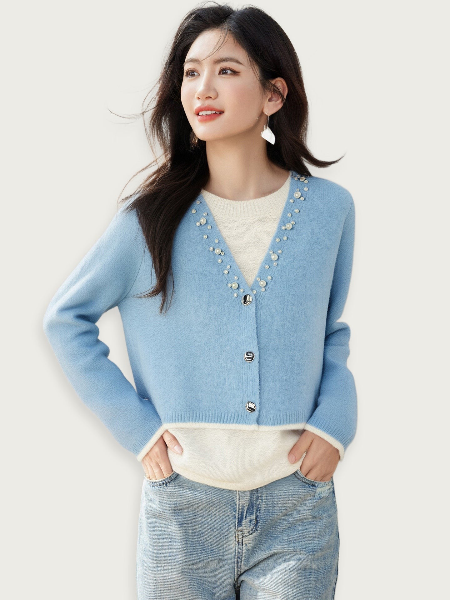 Blå Elegant Cardigan Stickat Lätt Bambu