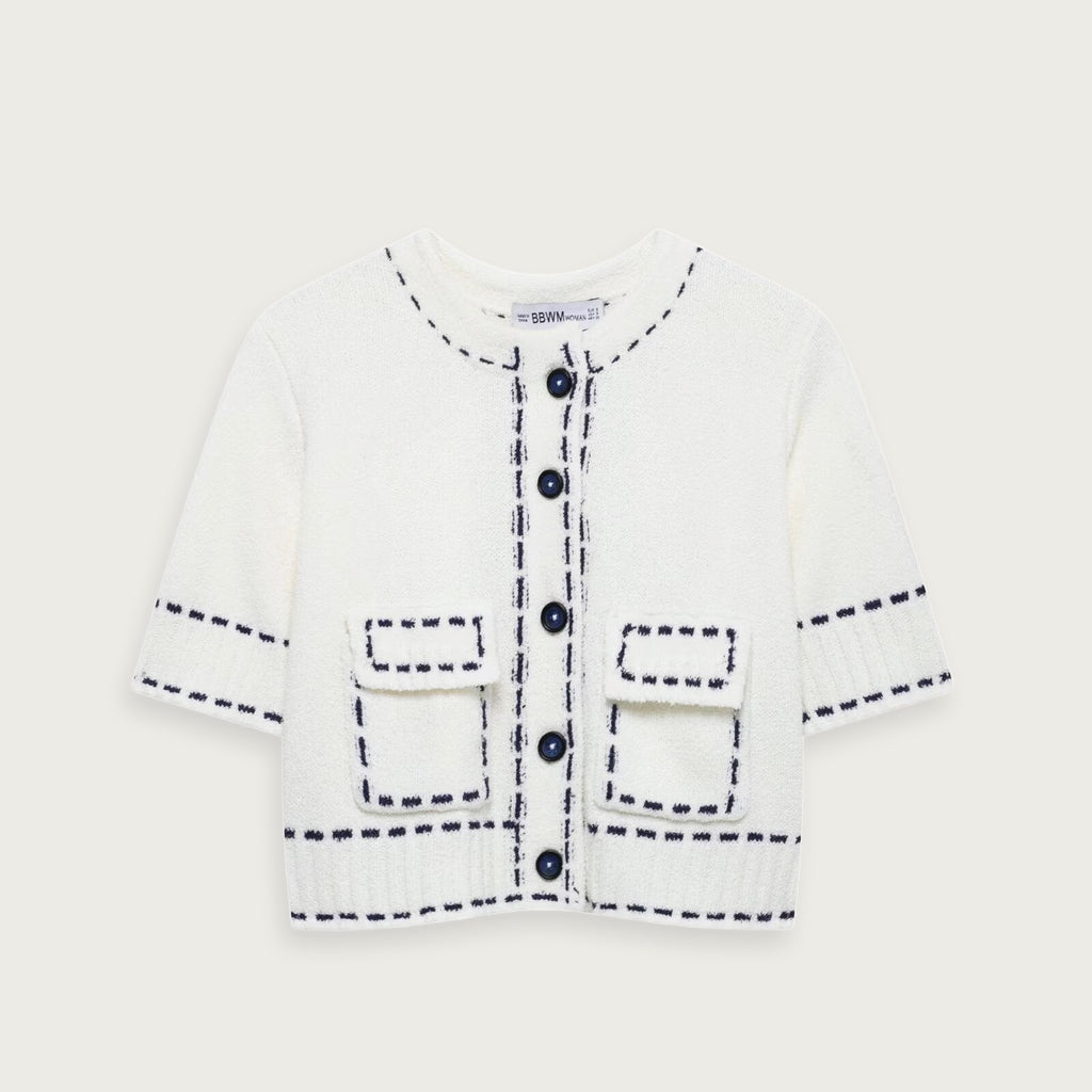 Kortärmad Stickad Cardigan Vit Elegant