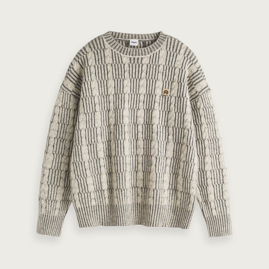 Stickad Tröja Jacquard Färgblock Grå Vitt Brun