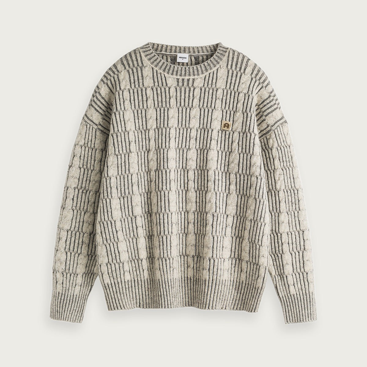 Stickad Tröja Jacquard Färgblock Grå Vitt Brun